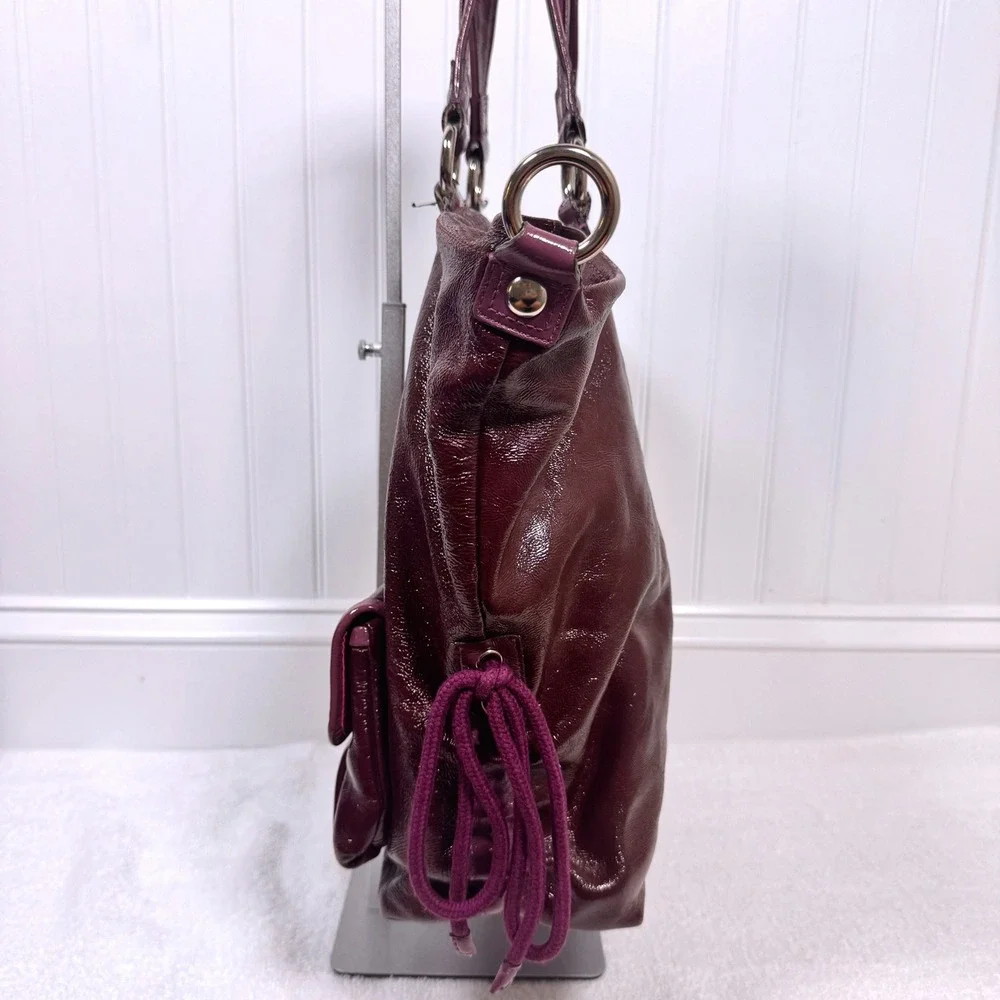 Coach Poppy Spotlight Pocket Hobo Bag Large Burgundy Purple Patent Leather 13869
